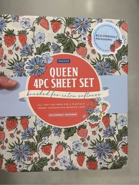 Envogue Queen 4PC Sheet Set - Cream, Red, Green, Blue Floral & Strawberry Print